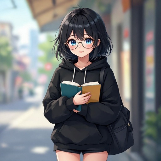 a girl with a flap chest, wears a oversized black hoodie and black shorts, has very short black, messy hair, beautiful blue eyes, wears perscription glasses, holding a book close to her chest, cute and beautiful