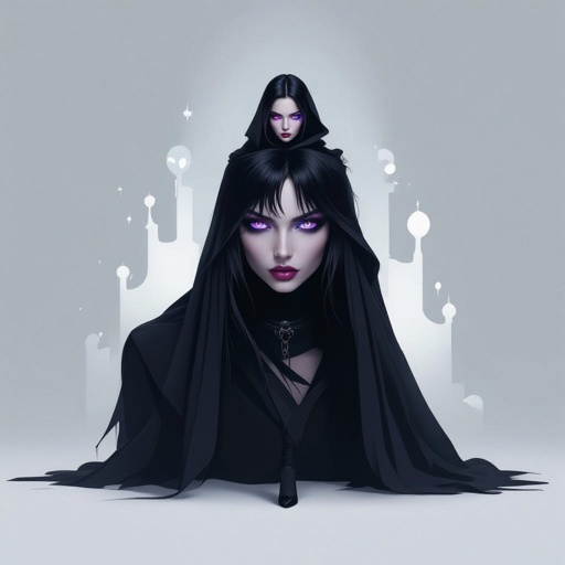 Create chunky mysterious woman jet-black hair is cut sharp to her jawline, and her violet eyes seem to pierce through darkness. A shadowy aura clings to her form, faint shapes shifting and flickering behind her like whispers of another realm.