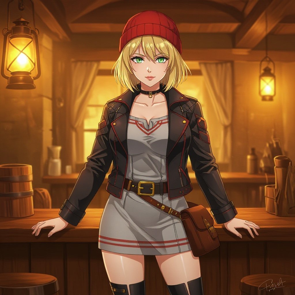 A semi-realistic cinematic portrait of a confident young woman standing in a warmly lit tavern that doubles as a traveler’s rest stop. She has a short blonde bob, green eyes, and wears a red beanie with a thin horizontal white stripe. Her outfit combines style and function: a light gray mini-dress with subtle red and white vertical stripes, reinforced seams, and a sleek black belt with a gold buckle. Over it, she wears a black leather jacket with quilted shoulders and faint crimson stitching, fitted comfortably and zipped partway. Her tall black boots have metal clasps and laced panels, built for travel yet stylish. A compact brown satchel hangs at her side, and faint reflections of lantern light glint off metal accents on her belt and gloves. The background glows with warm amber tones and the hint of travel gear behind the bar, evoking the atmosphere of a modern wanderer ready for her next journey.