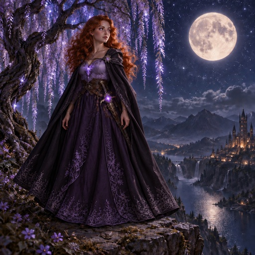 a woman in a purple dress standing on a cliff