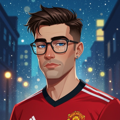 Mężczyzna o krótkich, ciemnobrązowych, włosach. bez zarostu.  niebieskie oczy. Ubrany w koszulkę piłkarską manchaster united. Duże okulary z szerokimi oprawkami. Podłużna twarz. Bardzo wysokie czoło. Zakola. Wąskie usta, Brwi opadające na końcach. Przymknięte oczy. Bez kolczyków