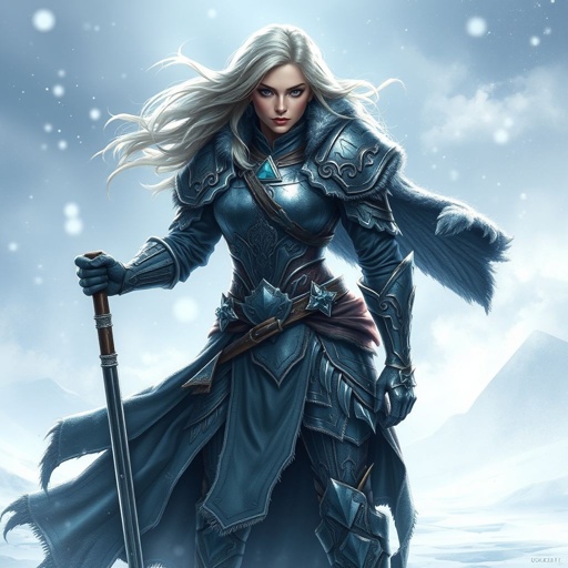 Alvara the Frostheart – A tall, battle-hardened woman. Show her head to toe.