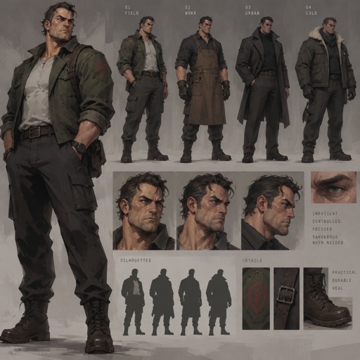 Full body, with multiple variations of Broader man, clothes for a hit not a sermon. Shoulder he rolls when he hates the wait. Impatient face, jaw tight when Reed talks. Force with a leash. Not a monster. Fortiche painted.