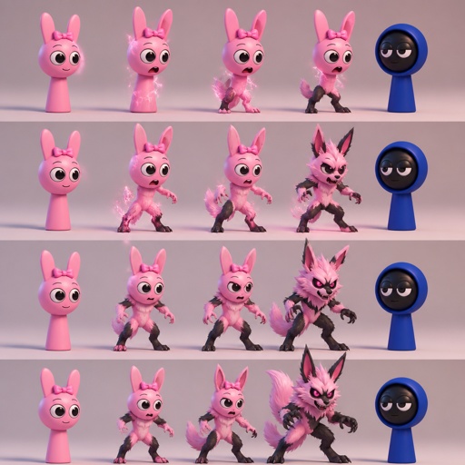 Pinki from sprunki starting to turn into her kind Wererabbit self in front of Jevin from sprunki with her legs and tail transforming and then her arms and then her ears and her neck gets fluffy and then she’s fully transformed with her eyes being black and pink