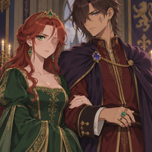 A princess, red hair swooped more on the right side hair is not blowing ,green eyes, right eye is scar and blind, she is wearing a green beautiful princess dress with golden rims on the bottom of dress, earrings, A prince, brown hair down to his neck, part of his hair is dropping down the right side of his head covering his eye a little more, beauty mark on right side cheek, cheekbones, purple eyes nice eyelashes, three earrings, multiple rings done with diamonds some jade some just golden, wearing a purple cape with a blue circular jewel with a gold rim around it on the left side of his cape, red shirt with a golden rim from the collar down the shirt, sleeves are folded with golden rim around it and in the middle the sleeves three buttons in the middle of sleeves,have an arranged marriage