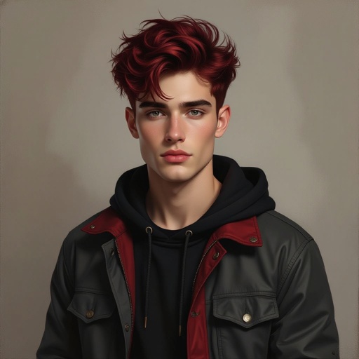 Male 18-year old dyed dark red hair dark grayish and red and black clothes  