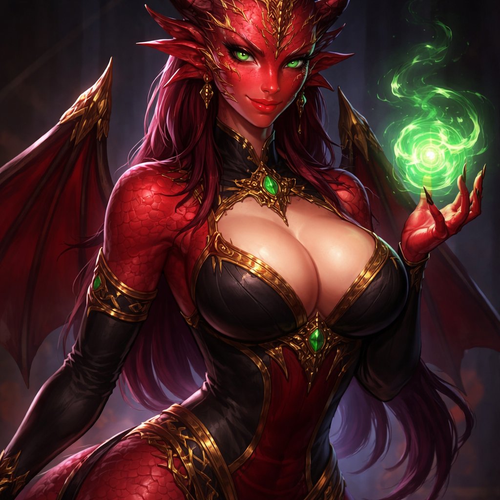 a deceptive dnd red dragonborn sorcerer lady with green eyes and g cups
