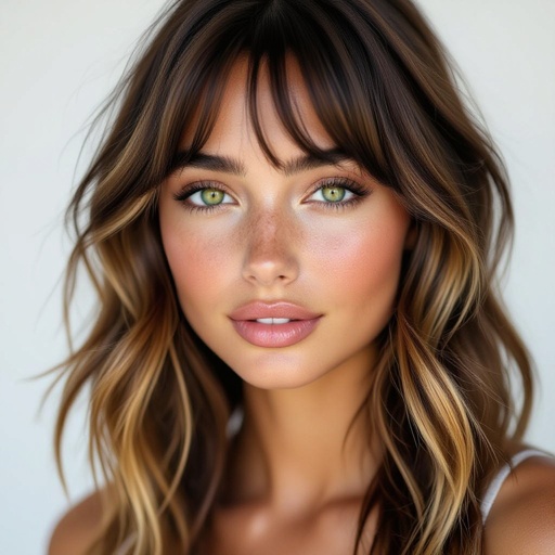 girl with olive skin, brown hair with blonde hair, long with side, sweat, bangs, green eyes