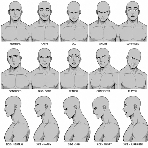Different face expressions male half body drawing base, dynamic, bald
