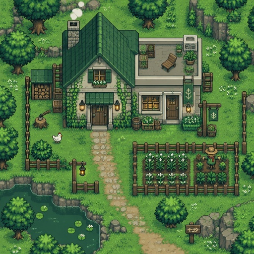 Cozy house with another attached house with a flat roof, green for a modern fantasy game, top down style, shading dithering