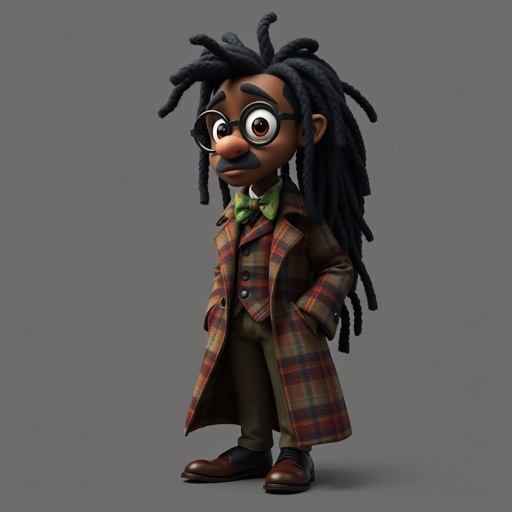 Create a funny serious fat character similar to Sherlock Holmes, but make him of black decent and with dread locks. Show his whole outfit including his shoes.