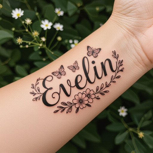 The name Evelin with Butterflies and flowers tattoo 