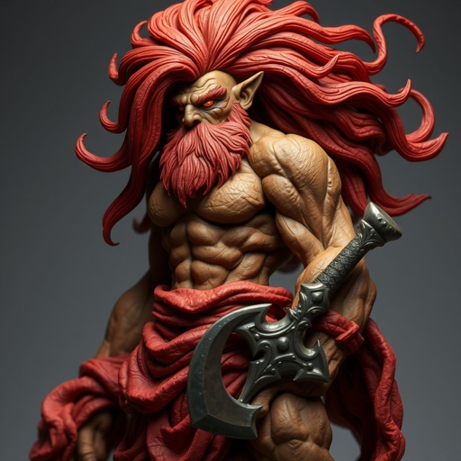 Create a character: Rhen the Fire-Singer – A lean, muscular man with sun-kissed bronze skin and ember-like eyes. His hair is a wild mane of deep crimson. He wears layered, flowing desert robes dyed in warm reds and golds, with scorch marks where flames have licked them. A curved blade hangs at his hip.