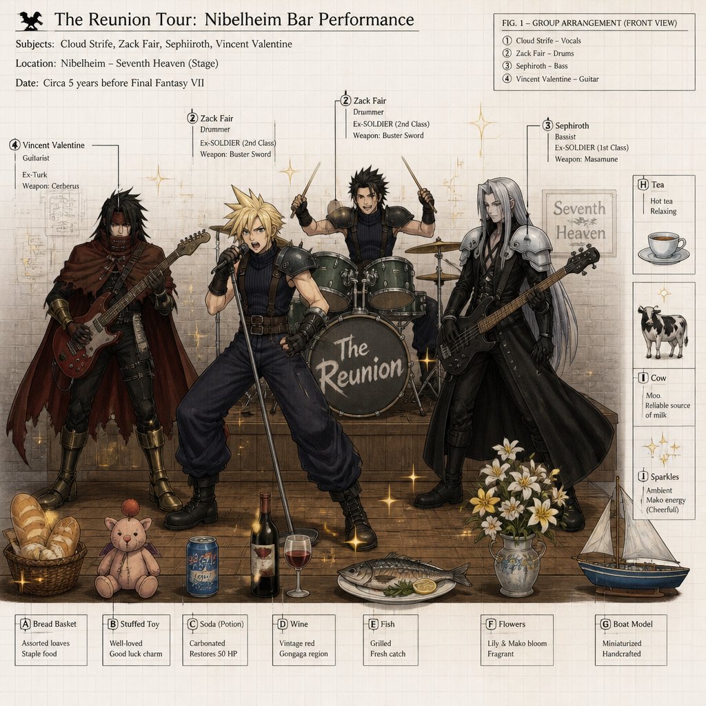 Cloud Zack Sephiroth and Vincent from ff7 cloud with singing heavy metal very aggressively while on the with bread and holding the microphone and Zack aggressively playing drums being cute with a stuffed toy Sephiroth aggressively playing base and laughing while drinking soda and Vince aggressively playing the guitar and holding wine on a stage in a bar fish flowers boat hot water tea cow sparkles