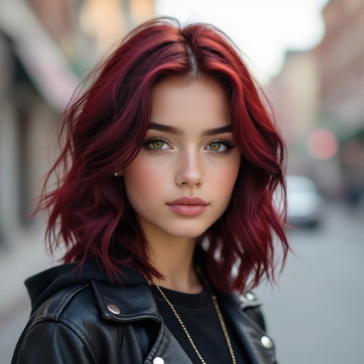A rebellious teen girl with dark red hair