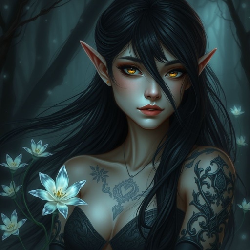 A elf women in her early thirties with black hair and brown eyes in a peaceful setting