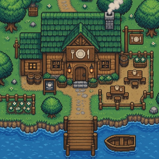 Small Restaurant wood for a modern fantasy game, exterior, top down style