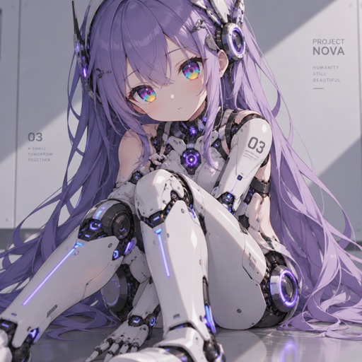 Little girl, cyborg, purple long hair, rainbow eyes 