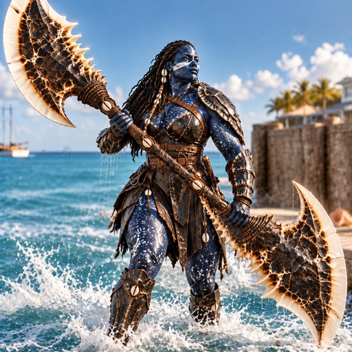 a statue of a man holding a giant fish in the ocean