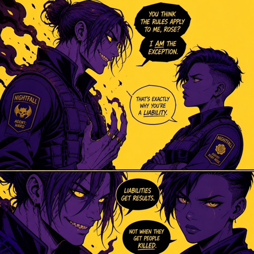 Anime style, Agent Ward a male, made in a secret lab to be best weapon and good at everything, highly skilled, be kept in check, emergency backup case he gets out of control, his hair messy bun color violet, clean shaven, yellow night vision eyes, sharp teeth, dark power energy from experiment, tired, tall, eyes sensitive to light, dangerous, intimidating, laugh like a maniac, cares about partner ruby rose she's dark skin serious plays by rules firm,them standing together ruby arguing to wards "stop being intimidating you're going to our suspect a hart attack!" Ward says "job goes faster" starts giggling, ruby warn ward " if you can't take this seriously I'll have to have you go in your room" ward sad expression says"i don't want that" ruby "ok let's do this I have somewhere to be " as a comic