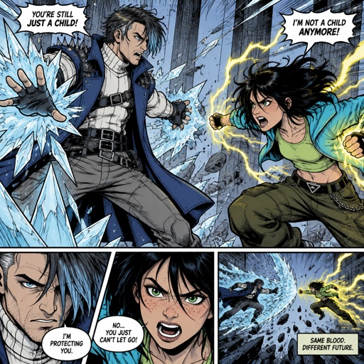 Male, pale, pale blue eyes, eye bags, short dark grey choppy hair with light blue tips hair covering one eye, white turtle neck long sleeves , blue sleeveless short trench coat, long fingerless gloves, grey pants, belts across chest, spiked on shoulders, 35, clean shaven, no emotion, ice powers,  Female, teen, freckles, dark green eyes, cyan ray shadow, ear piercings, angry, choppy black neck length messy hair, bangs on one side of face, cyan jacket with shoulder holes, light green crop top, yellow heart tattoo with a blue moon inside on shoulder, baggy pants, belt with dark and light green triangles, gold necklace, lightning powers, fighting the other, father and daughter 