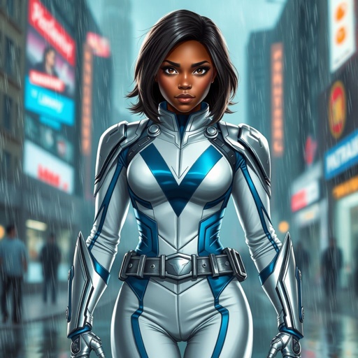 A teenage African American female superhero with hair in a shoulder length side part style wearing a slightly armored white and silver suit with blue accents and a stylized V as her chest emblem a utility belt and silver boots standing in Philadelphia during a rain storm 