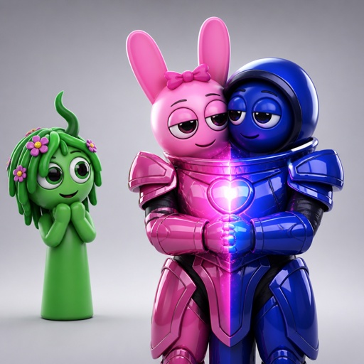 Vineria from Sprunki watching Pinki from Sprunki as Elita One merged with Jevin from Sprunki upgrading the twos shared armour to be more powerful and more durable 
