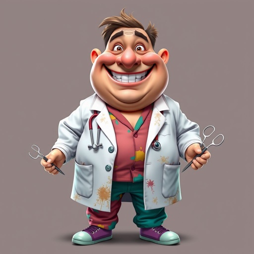 create a fat doctor. Who is funny human looking from head to toe. And he always immediately results to surgery for anything even small things. So please be sure to show his whole outfit head to toe. Make him have butt tooth 