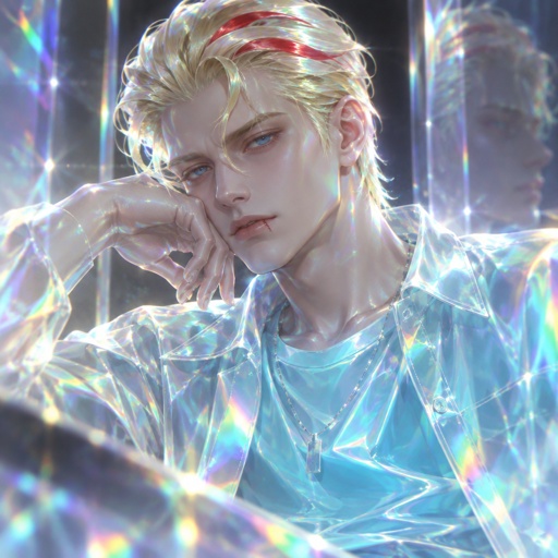 Male, blonde greased brushed back hair, curl on forehead, red streak in hair, scar on lip, blue eyes, slim, designer, cyan casual clothes,