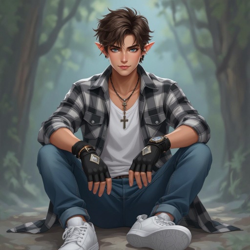 A 20 year old guy with grey eyes, short brown hair styled in a loose undercut modern curtain, wearing white airforce shoes, white socks, a white under shirt with a grey, black, and white plaid shirt with blue jeans, hands are black open fingered gloves, cross necklace and ears are clear with no earrings 