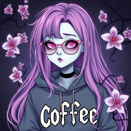Draw me a profile picture  Username: PinkOrchidsGaming  I have long Half Pink (Right) Half Purple (Left) Hair, A nose piercing on my left side and i wear glasses that are see through pink   My Signatures:  A gray Hoodie that says “Coffee” but the ‘O’ is a coffee cup    My catch phrase is “AnyWHORE..”  My favorite color is pink   and i want the background to resemble an Angel Dust vibe (Character from hazbin hotel)