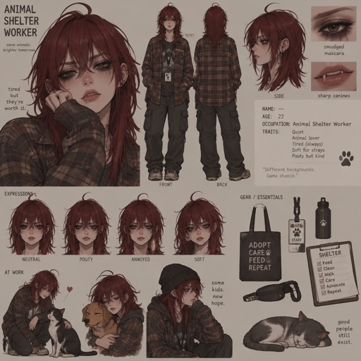 Female, straight wolfcut dark red hair, bangs, strand of hair sticking up on top of head, flannel, dark mascara under eyes, sharp canines, pouty, works in an animal shelter, concept, poses