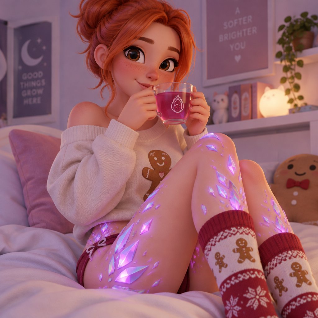 Ginger from Dandy’s world in her room letting her Opalite curse spread up her legs to her hips and waist and the tops of her Christmas socks with her drinking some dragonfruit tea aka her lover my dandy’s world oc and summer main Crafter the opalite shards favourite