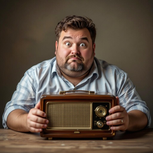 Create a funny fat guy who has a book box radio , make it kinda cartoonish 