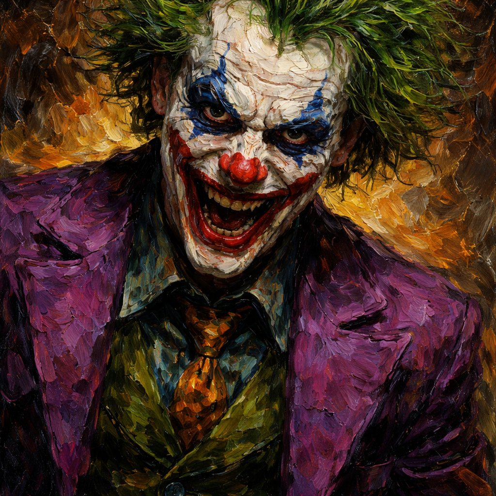 Crazy villainous clown with green hair and white face and red lipstick and purple suit