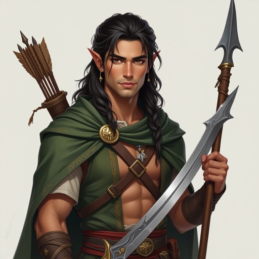Male air genasi druid, 5’6, 130 pounds, brown eyes, black hair, tan skin, 20 years old, holding a curved sword and a spear 
