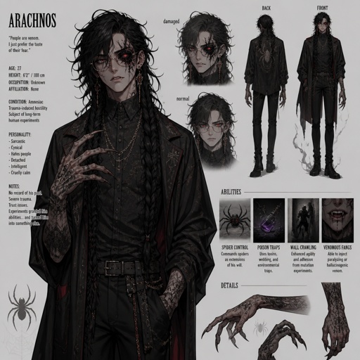 Anime male,hair messy long braided hair,clean shaven,highly skilled tall,in late 20s,migraines, is sarcastic,red glowing eyes,one eye is severely damaged,serious face,been experiment on for many years until finally found and rescued ,hates people,has power to control spiders make traps poison and crawl on walls and ceiling dangerous,glasses,wears a loose jacket a nice shirt fully covered ,loves spiders, nice big earrings,tattoos on arms, agrees to help people but on his terms,doesn't remember anything from his past before except the experiments, long scary fingers, spider fangs, traumatized 