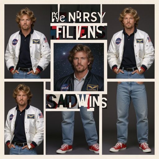 man with Dirty Blonde Unkempt Hair and Goatee.  Astronaut Flight Jacket Black And White Polo and Light blue denim jeans with red sneakers