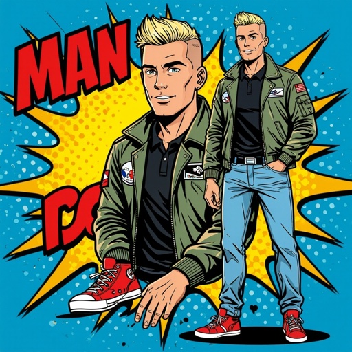 man with Platinum Blonde Military Buzzcut Hair.  Astronaut Flight Jacket Black And White Polo and Light blue denim jeans with red sneakers