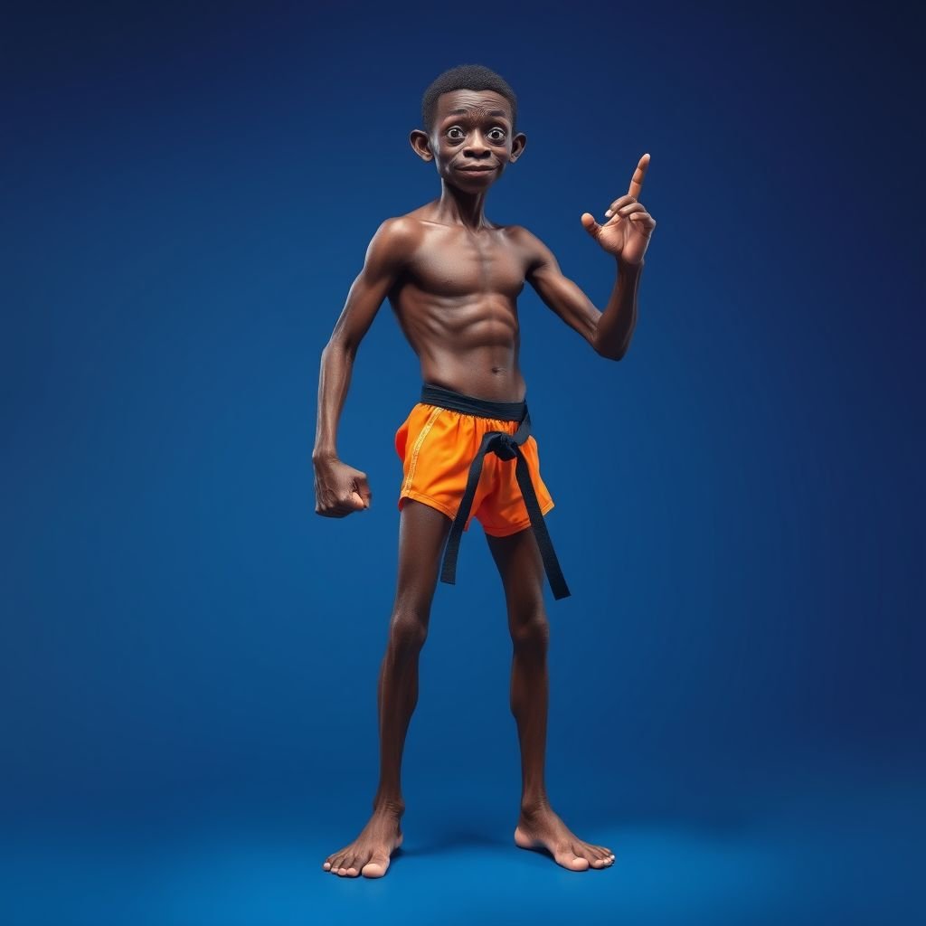 Create a character who looks like a funny African karate guy who doesn’t have a clue what he is doing. Make him have weird toes, only speedos on and a black karate belt. Make him tall skinny and slinky.
