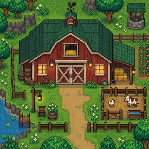 cozy barn, for a modern fantasy game, exterior, top down style