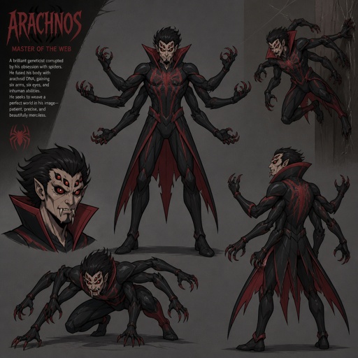 Male Villian with spider powers, cool costume, six arms, six eyes, spider fangs,multiple of the same character 