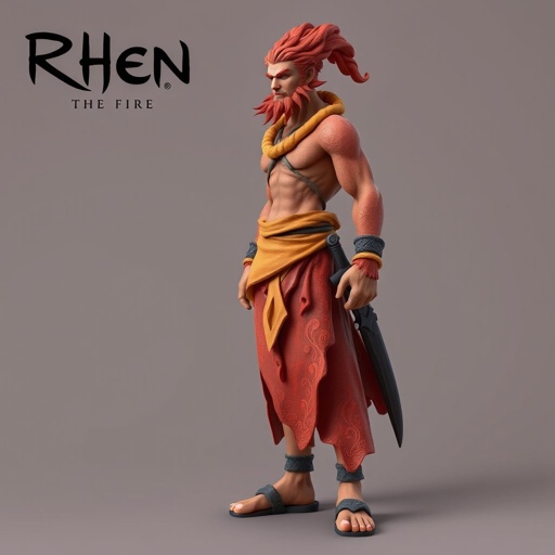 Create handsome guy name Rhen the Fire – A lean, muscular man. He wears layered, flowing desert robes dyed in warm reds and golds, with scorch marks where flames have licked them. A curved blade hangs at his hip. Show whole body head to toe including her shoes.
