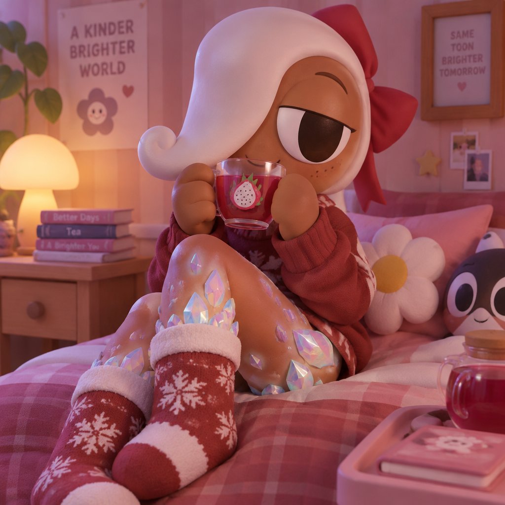 Ginger from Dandy’s world in her room letting her Opalite curse spread up her legs to her hips and waist and the tops of her Christmas socks with her drinking some dragonfruit tea aka her lover my dandy’s world oc and summer main Crafter the opalite shards favourite