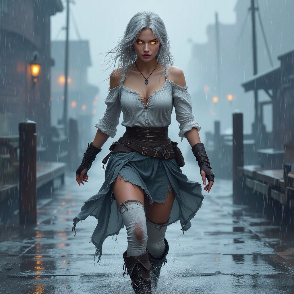 A painting of Maerriss Nex, a Half-Drow (Half-Elf) woman inspired by Emma Watson, running across the wet docks of Eendood in the pouring rain. Her skin is light ash-gray with faint violet undertones, and her eyes glow pale molten-gold with gray sclera. Her white-silver hair is loose, tangled, and soaked by wind and rain, whipping behind her. She wears a pale linen frilled blouse, visibly worn from her escape — the right shoulder seam torn, exposing only her collarbone, while the sleeves are dirt-stained, frayed, and ripped from catching on splintered docks. Her slate-gray reed-weave skirt follows the high-waisted, thigh-length pleated design from the reference: structured waistband, deep vertical pleats, and natural motion as she runs. The skirt is wet, heavy, and frayed at the edges with small tears at the hem. Her white thigh-high stockings are muddy and torn at one knee. She is missing her left boot, revealing a bare, wet, muddy foot, while her right boot remains laced, scuffed, and soaked. Rain glistens on the wooden planks beneath her as brass lanterns cast warm reflections across the puddles and fog. Her expression is fierce and determined, caught mid-stride, her blouse and skirt flaring with the motion, the storm wind and lantern glow giving the scene cinematic energy and realism. Run it