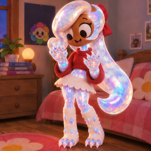 a girl in a room with a light up doll