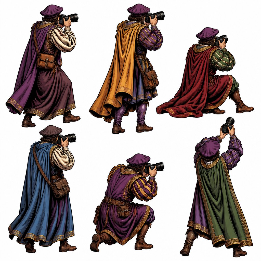 Vivid colours no speech bubble no print dots several poses from the rear of a paparazzi, dressed in Renaissance robes, taking photographs with a modern camera. White background