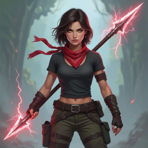 20 year old female with with a rugby-like build, dark brown eyes, short pale brown stringy hair, holding a spear with red lightning coming out of the tip, wearing a red bandana on her head, wearing combat boots and military pants with a long black t-shirt.