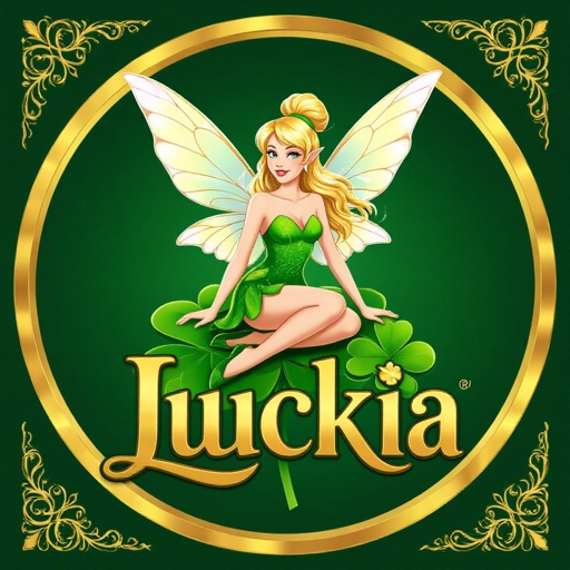Chest of gold logo Luckia fairy sat on a clover  