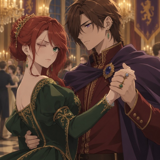 A princess, red hair swooped more on the right side hair is not blowing ,green eyes, right eye is scar and blind, she is wearing a green beautiful princess dress with golden rims on the bottom of dress, earrings, A prince, brown hair down to his neck, part of his hair is dropping down the right side of his head covering his eye a little more, beauty mark on right side cheek, cheekbones, purple eyes nice eyelashes,three earrings, multiple rings done with diamonds some jade some just golden, wearing a purple cape with a blue circular jewel with a gold rim around it on the left side of his cape, red shirt with a golden rim from the collar down the shirt, sleeves are folded with golden rim around it and in the middle the sleeves three buttons in the middle of sleeves,they are in the ballroom dancing,seriously 